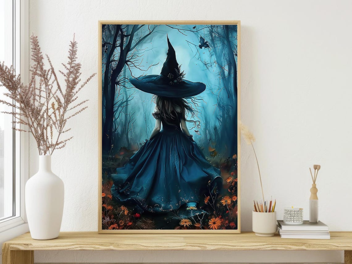 Young Witch in Blue Gown Walking into Misty Moonlit Forest Art Poster - Image 4