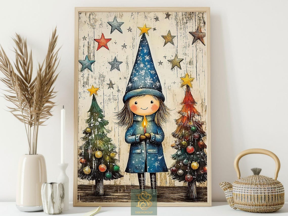 Cute Folk Girl Christmas Candle Starry Night Trees Illustration Poster - Image 4