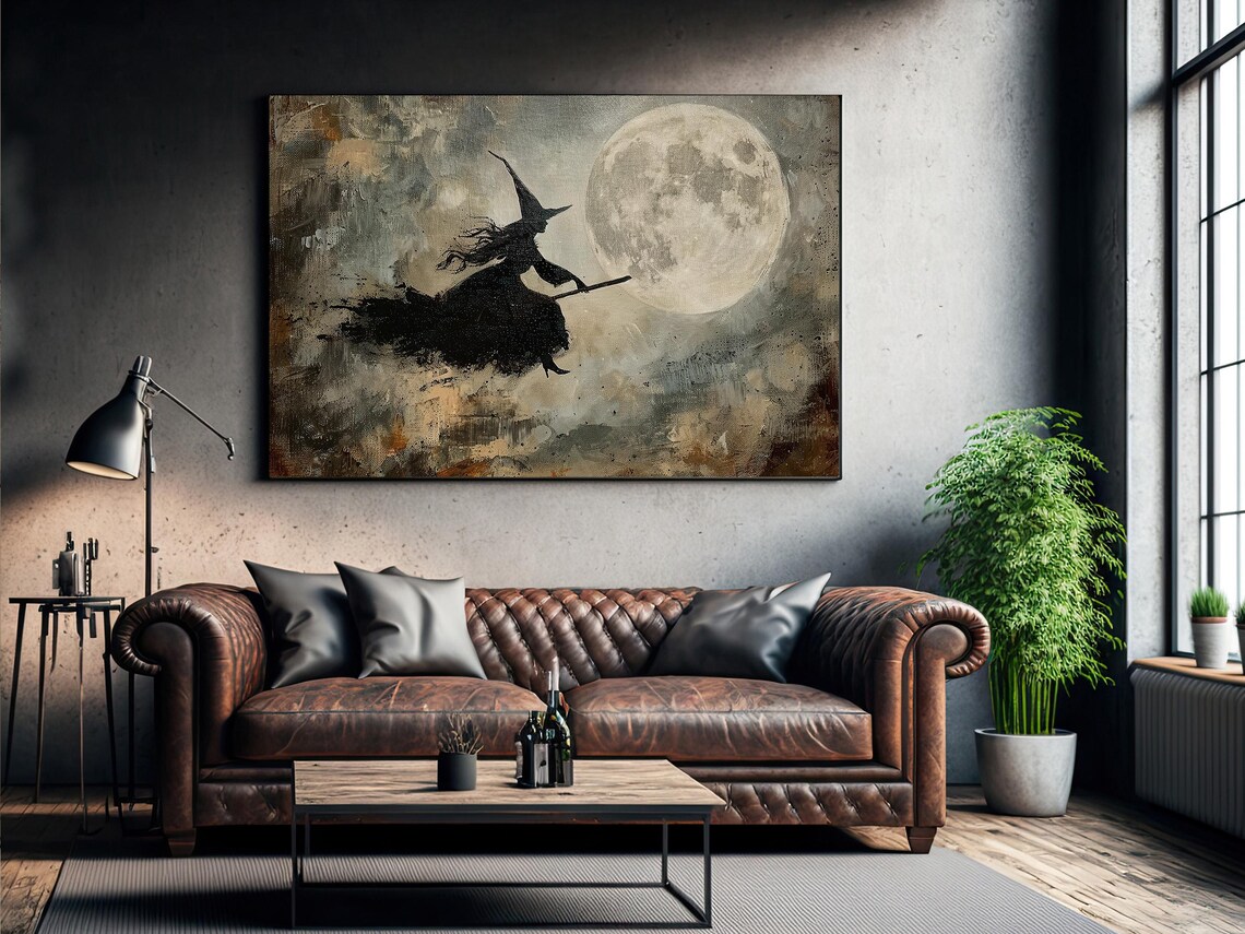 Silhouette Witch Flying Past Full Moon On Broomstick Halloween Wall Art - Image 2