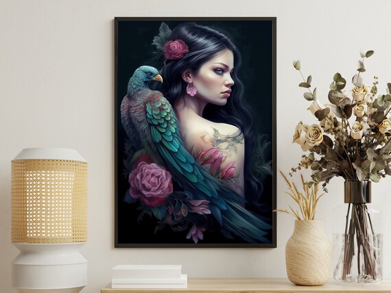 Dark Haired Beauty With Teal Parrot And Blush Roses Gothic Poster
