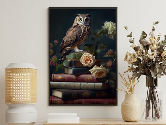 Vintage Owl Painting Retro Owl Art Print Owl Print Gothic Art Print Dark Academia Art Floral Owl Poster Owl Library Wall Decor