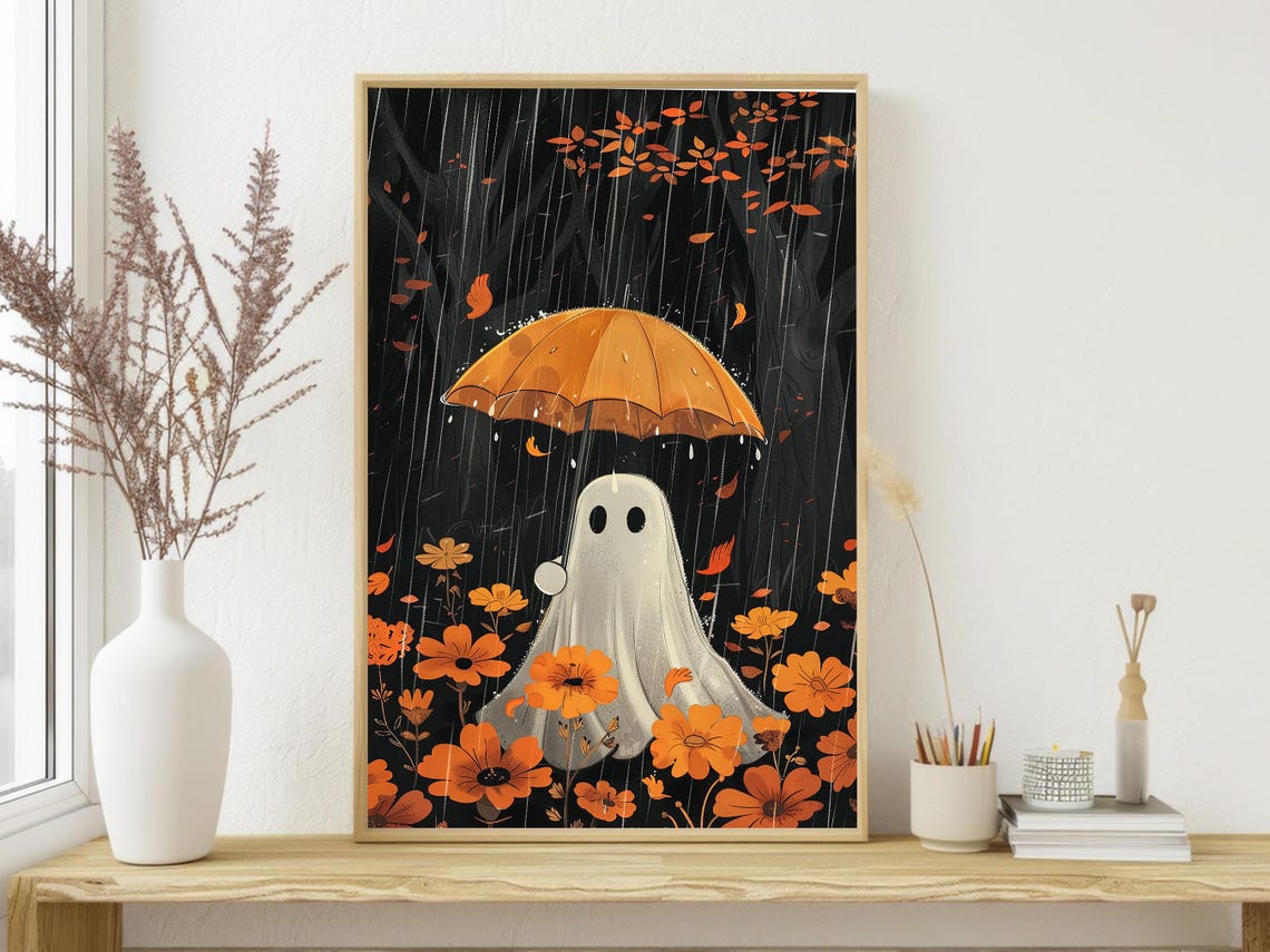 Cute Ghost Holding Orange Umbrella In Rainy Flower Field Art Print - Image 3