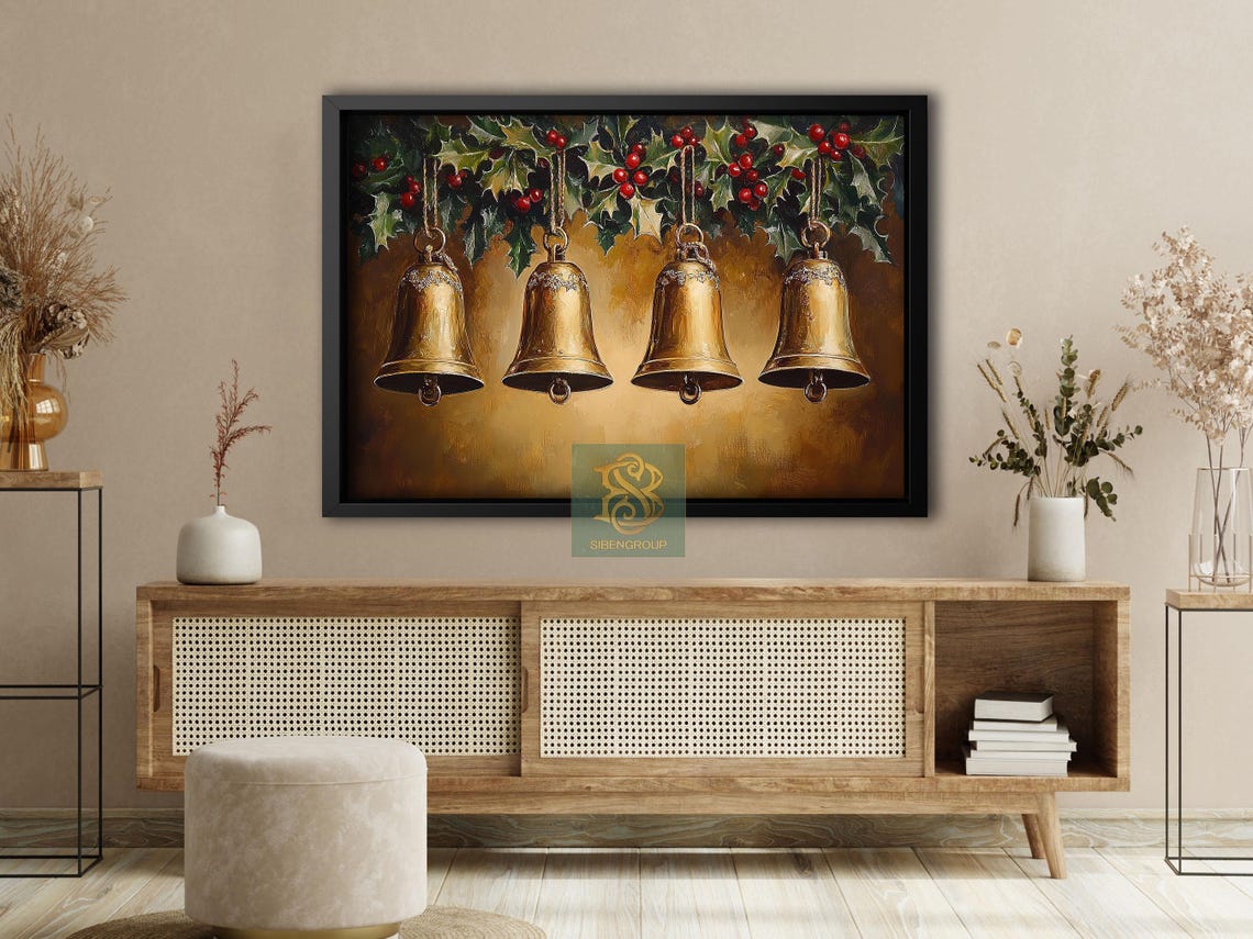 Four Brass Christmas Bells Hanging Under Holly Garland Gold Poster - Image 4