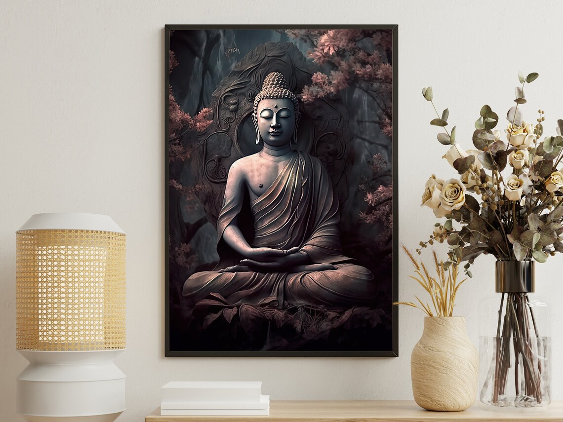 Serene Buddha Meditating Lotus Pose Mystical Stone Temple Dark Zen Wall Art