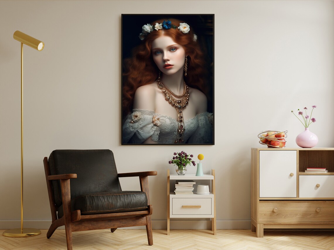 Red Haired Victorian Beauty Floral Crown Jewelry Portrait Poster - Image 2