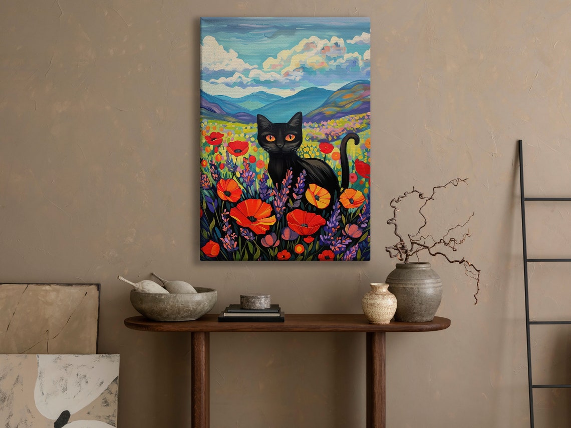 Black Cat In Wildflower Meadow Mountain Folk Art Colorful Poster - Image 3