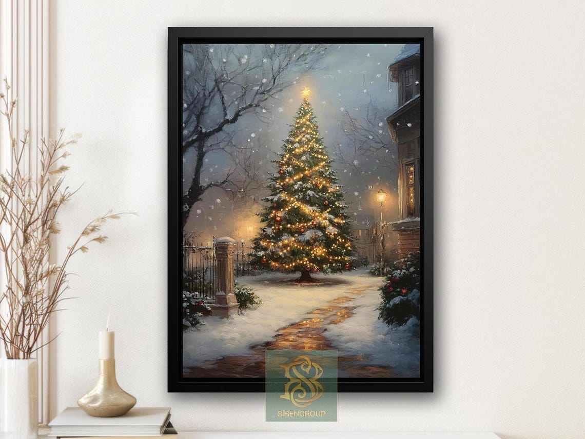 Glowing Outdoor Christmas Tree in Snowy Village Night Scene Poster