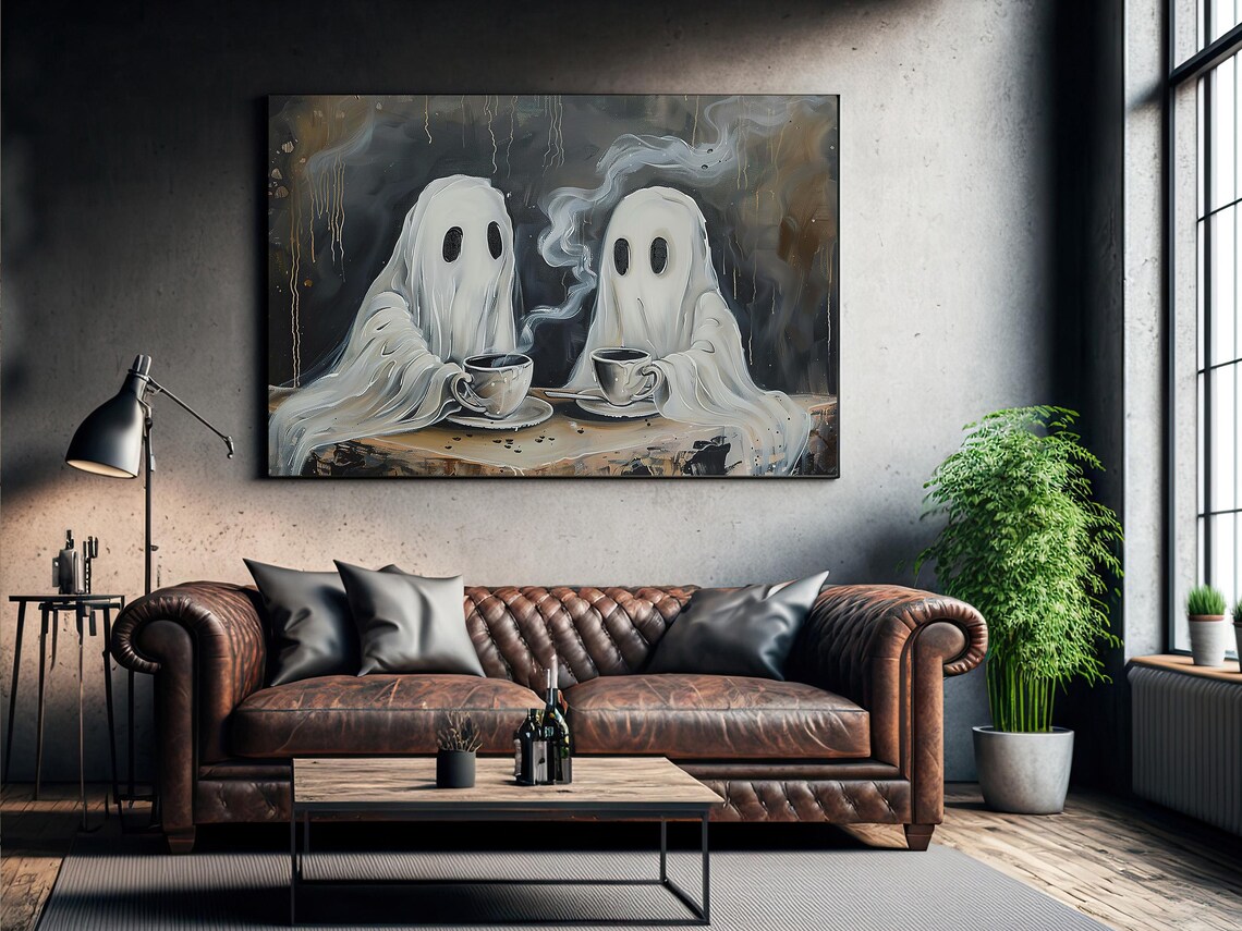 Two Cute Ghosts Drinking Tea Dark Moody Halloween Spooky Painting Poster - Image 2