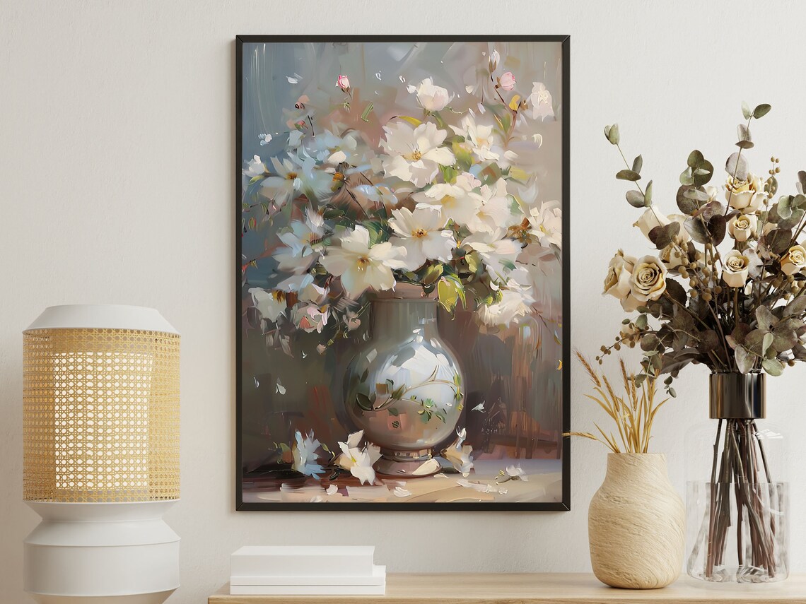 White Blossom Bouquet In Clear Glass Vase Soft Floral Art Print