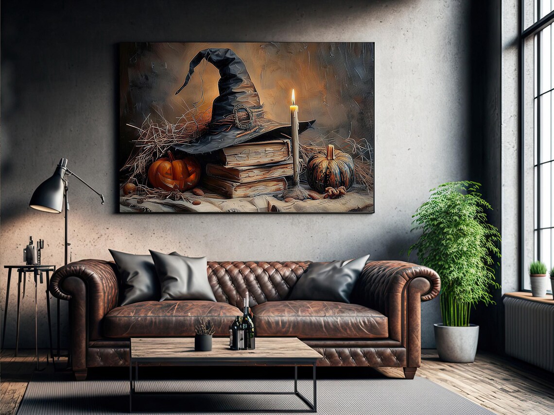 Vintage Witch Hat Spell Books Pumpkins Candlelit Halloween Still Life Poster - Image 2