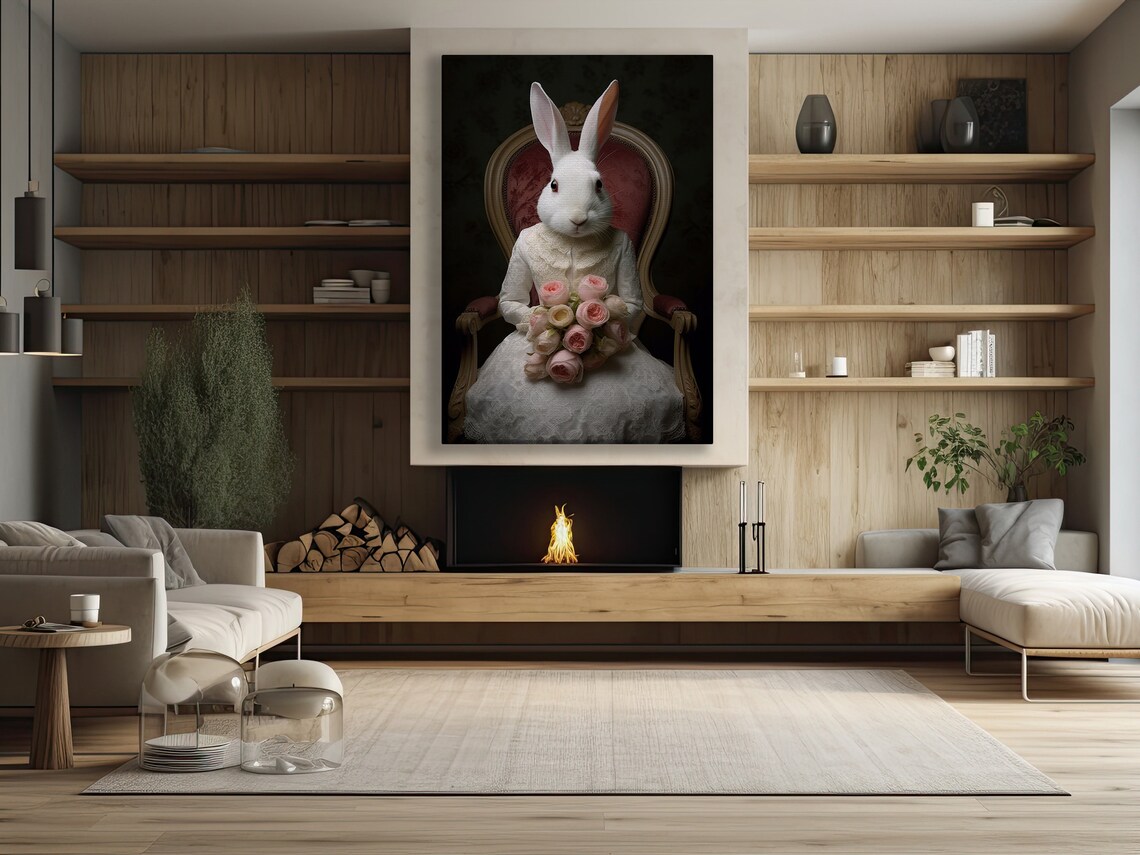 Victorian White Rabbit In Lace Dress Holding Pink Roses Portrait Poster - Image 3