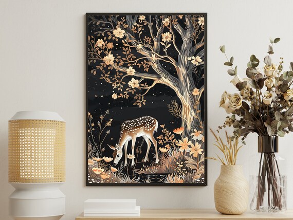 Spotted Fawn Under Golden Blossom Tree Black Background Botanical Animal Art Poster