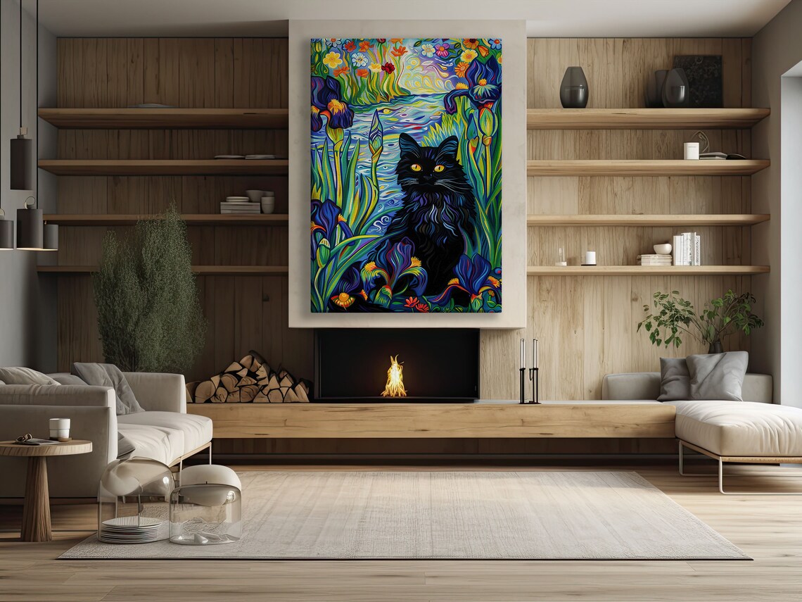 Black Cat Among Irises Colorful Van Gogh Style Flower Garden Art Poster - Image 2