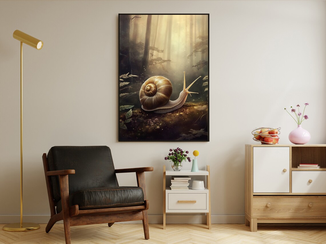 Snail In Misty Golden Forest Light Vintage Woodland Animal Art Print - Image 3