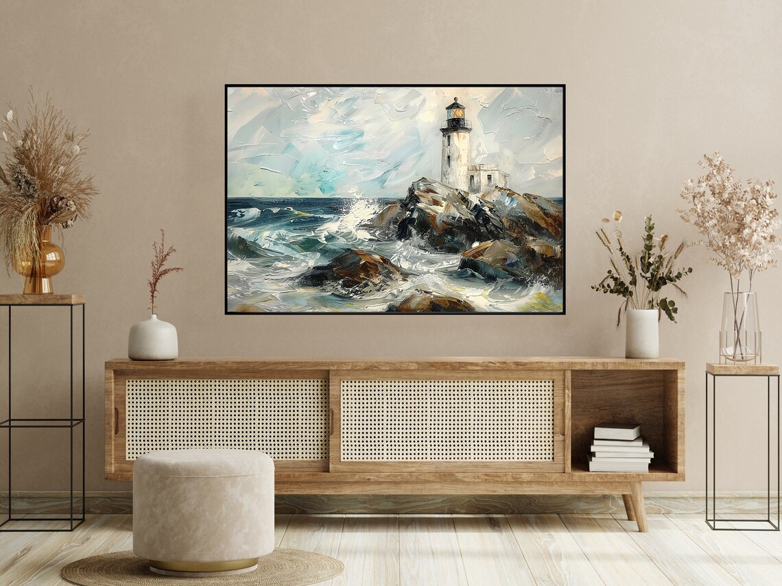 Lighthouse Painting Coast Landscape Art Print - Image 2