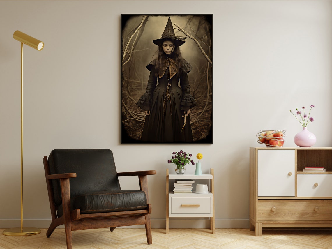 Young Witch Portrait In Dark Forest Vintage Style Spooky Art Print - Image 4