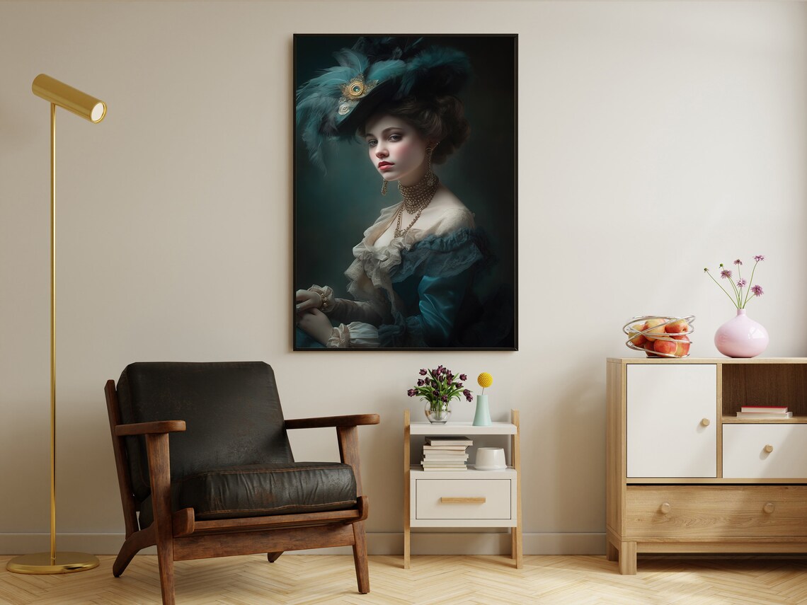 Victorian Lady Feathered Hat Teal Gown Moody Portrait Dark Academia Art Poster - Image 2