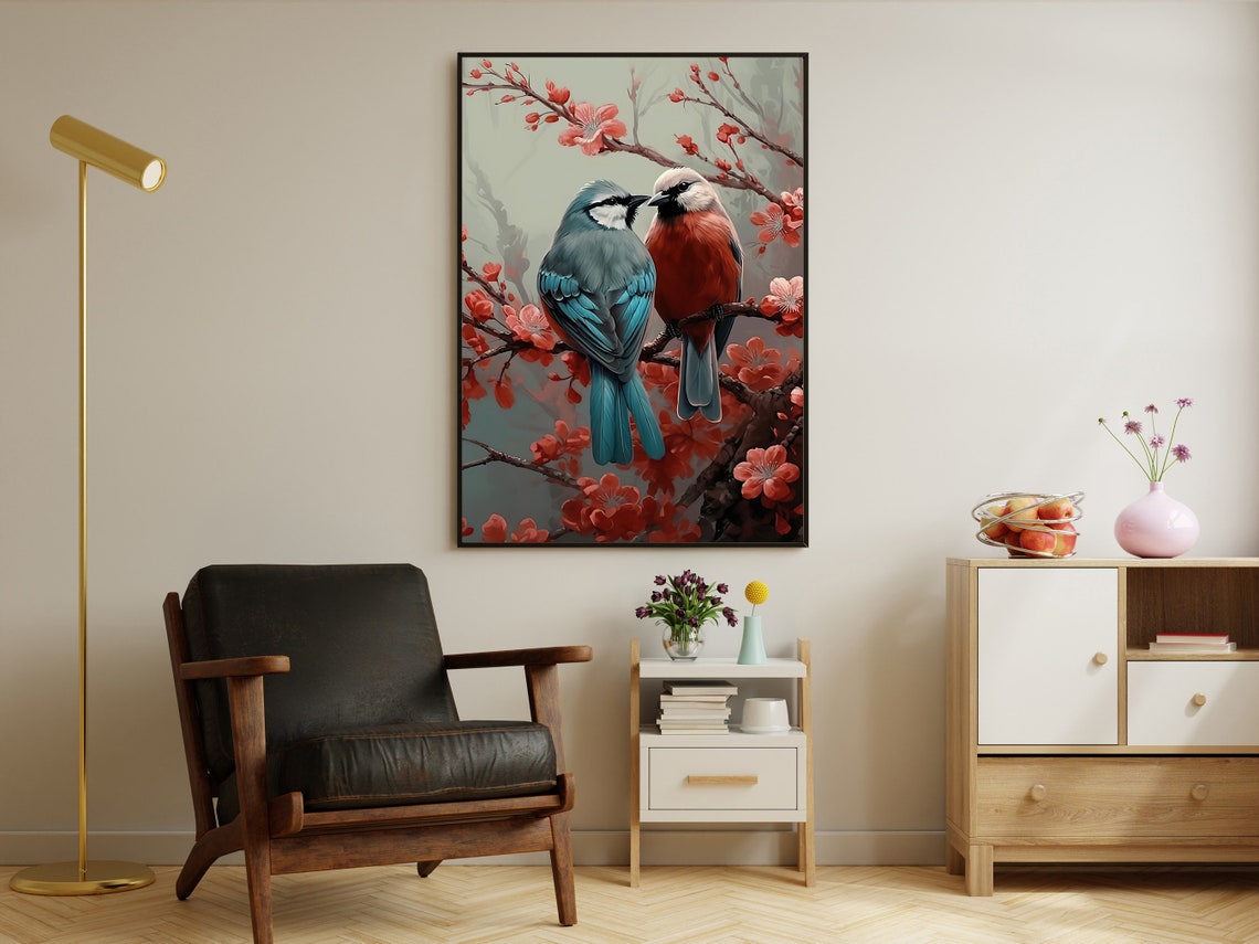 Vintage Couple Bird Painting Love Bird Art Print Bird Print Gothic Floral Bird Poster Print Bird Wall Decor Animal Art Print - Image 2