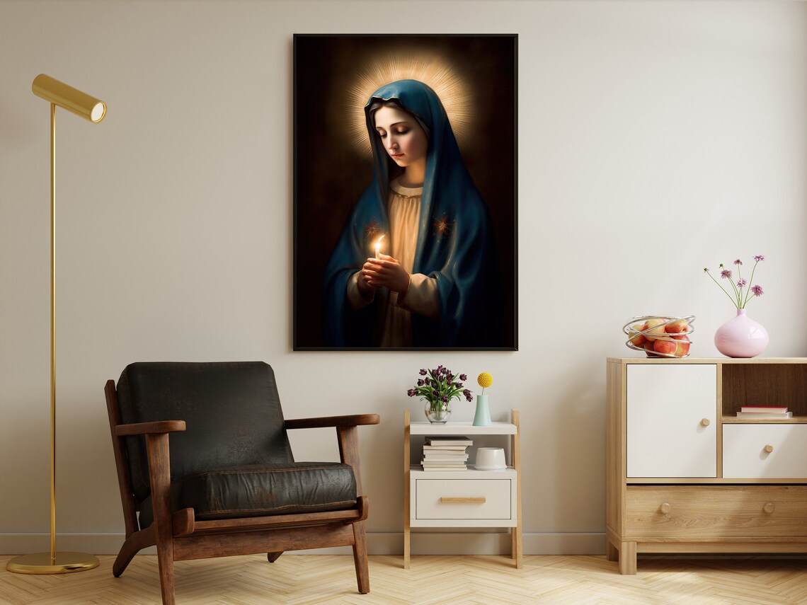 Virgin Mary Holding Candle with Halo Sacred Blue Veil Religious Art Poster - Image 2