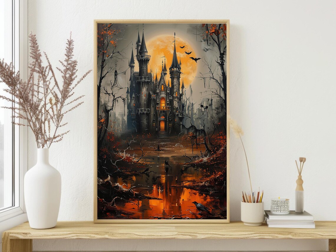 Dark Gothic Castle Under Orange Full Moon Bats and Crows Halloween Poster - Image 3