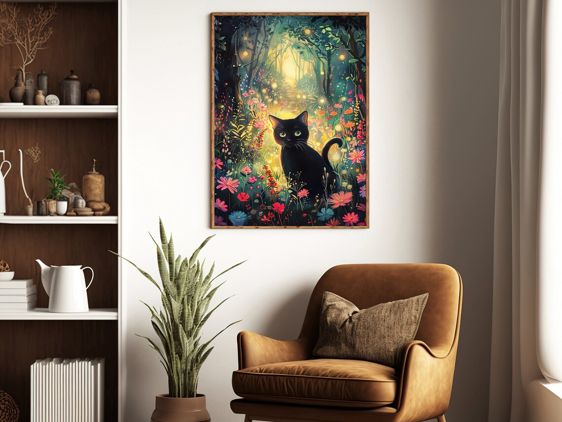 Black Cat In Enchanted Flower Forest Glowing Lights Magical Night Art Poster - Image 3