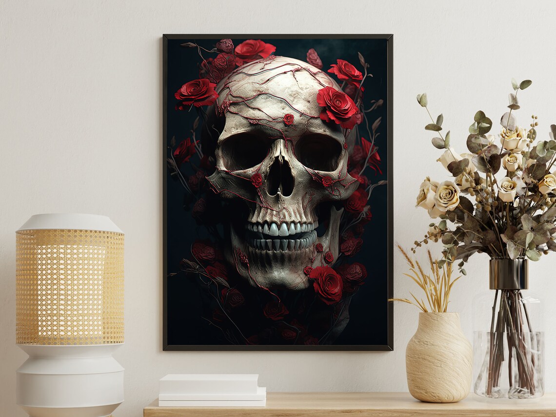 Human Skull Entwined With Red Roses Dark Floral Gothic Vintage Memento Poster