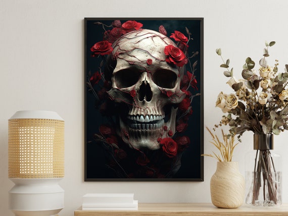 Dark Floral Skull Painting Skull Art Print Skull Print Gothic Art Print Dark Academia Art Skull Poster Print Skull Wall Decor