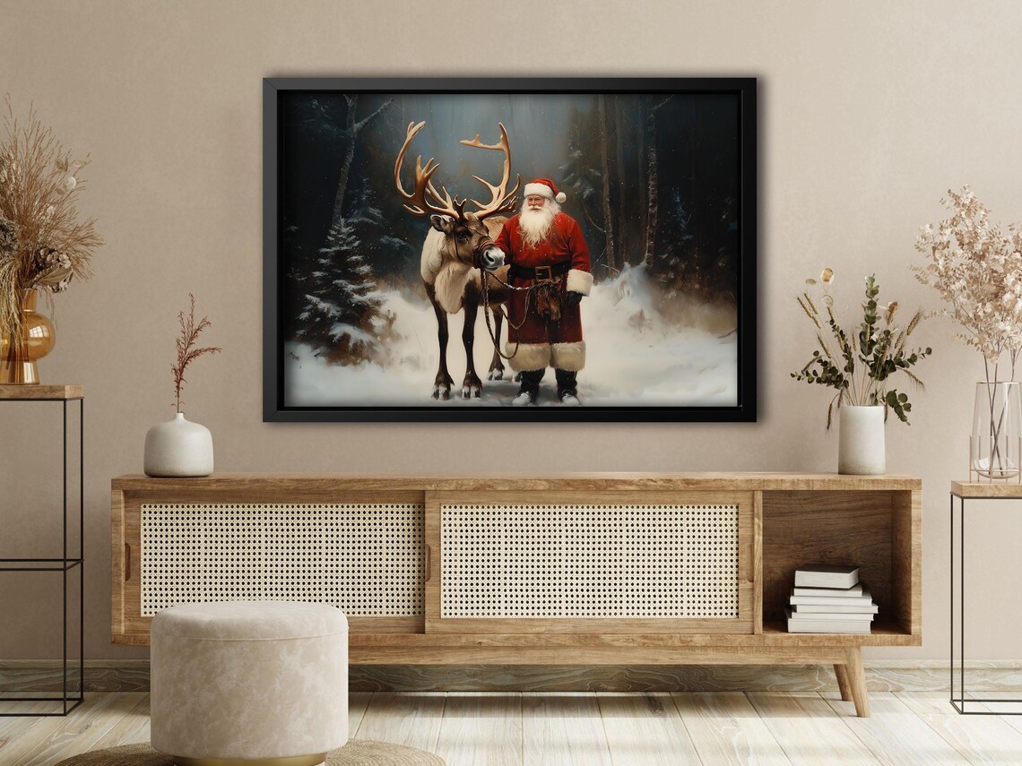 Vintage Santa And Reindeer Christmas Art Print - Image 4