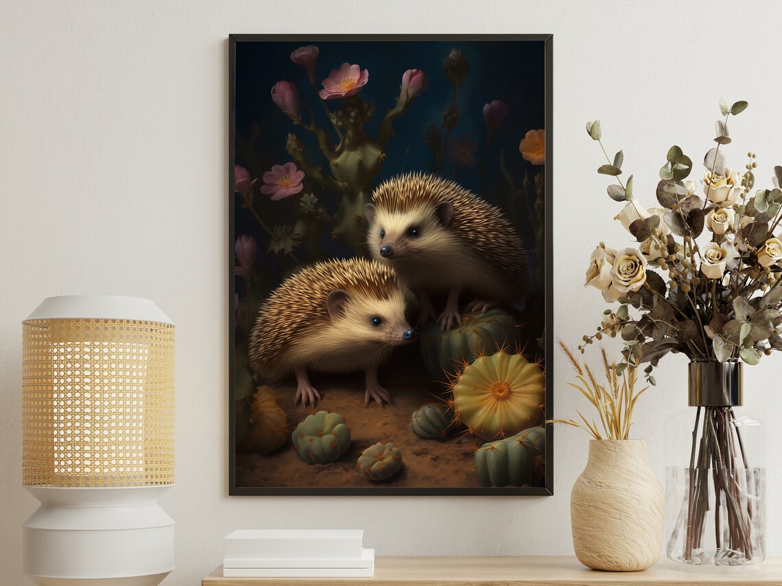 Two Hedgehogs Cactus Garden Night Cute Wildlife Animal Painting Art Poster