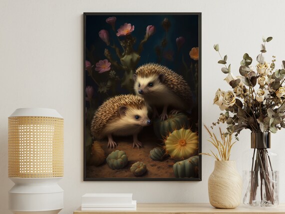 Two Hedgehogs Cactus Garden Night Cute Wildlife Animal Painting Art Poster