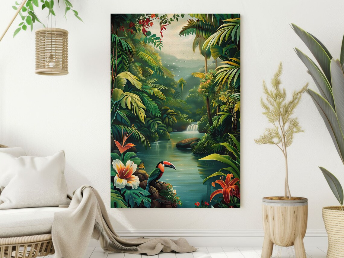 Tropical Jungle River Toucan Hibiscus Palms Rousseau Style Rainforest Art Poster - Image 2