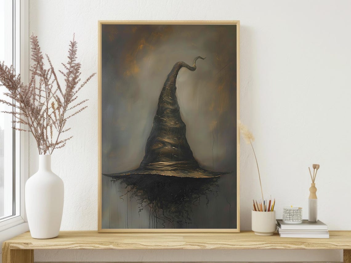 Crooked Black Witch Hat Minimalist Dark Oil Painting Halloween Poster - Image 4