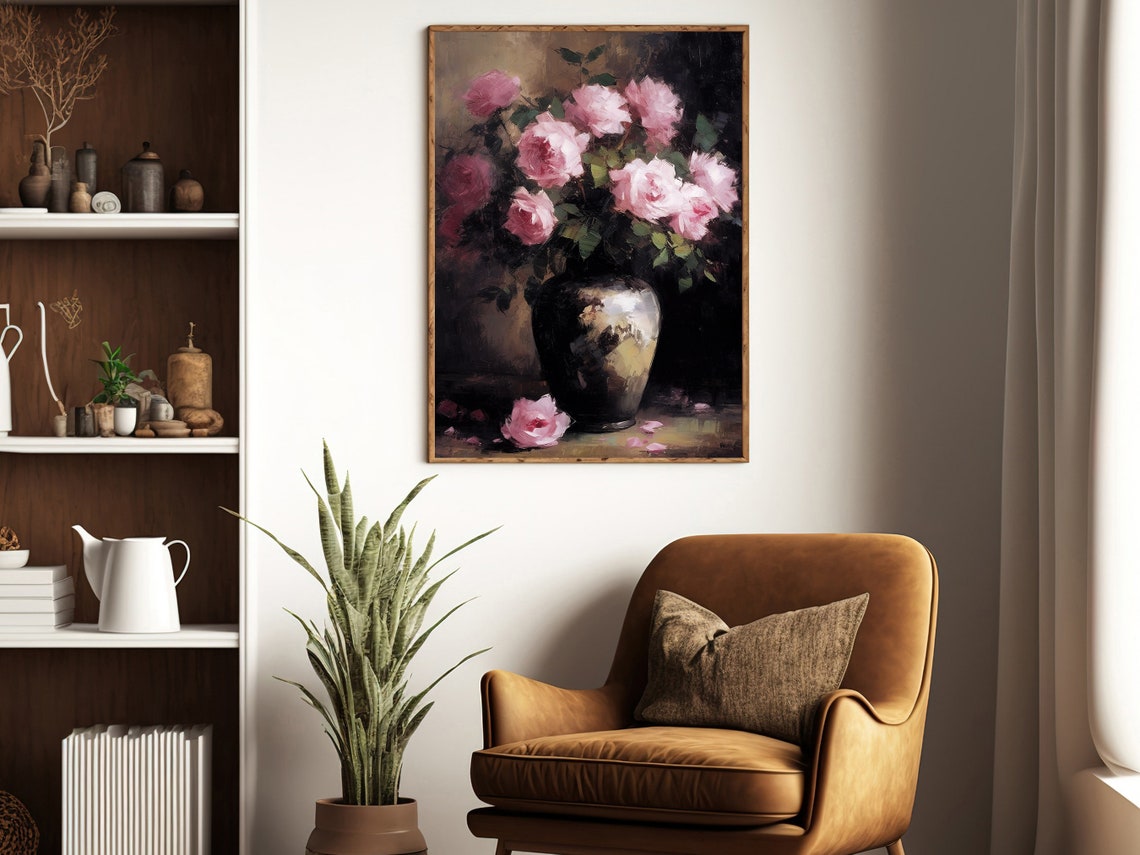 Impressionist Pink Roses Dark Vase Moody Still Life Floral Wall Art - Image 4