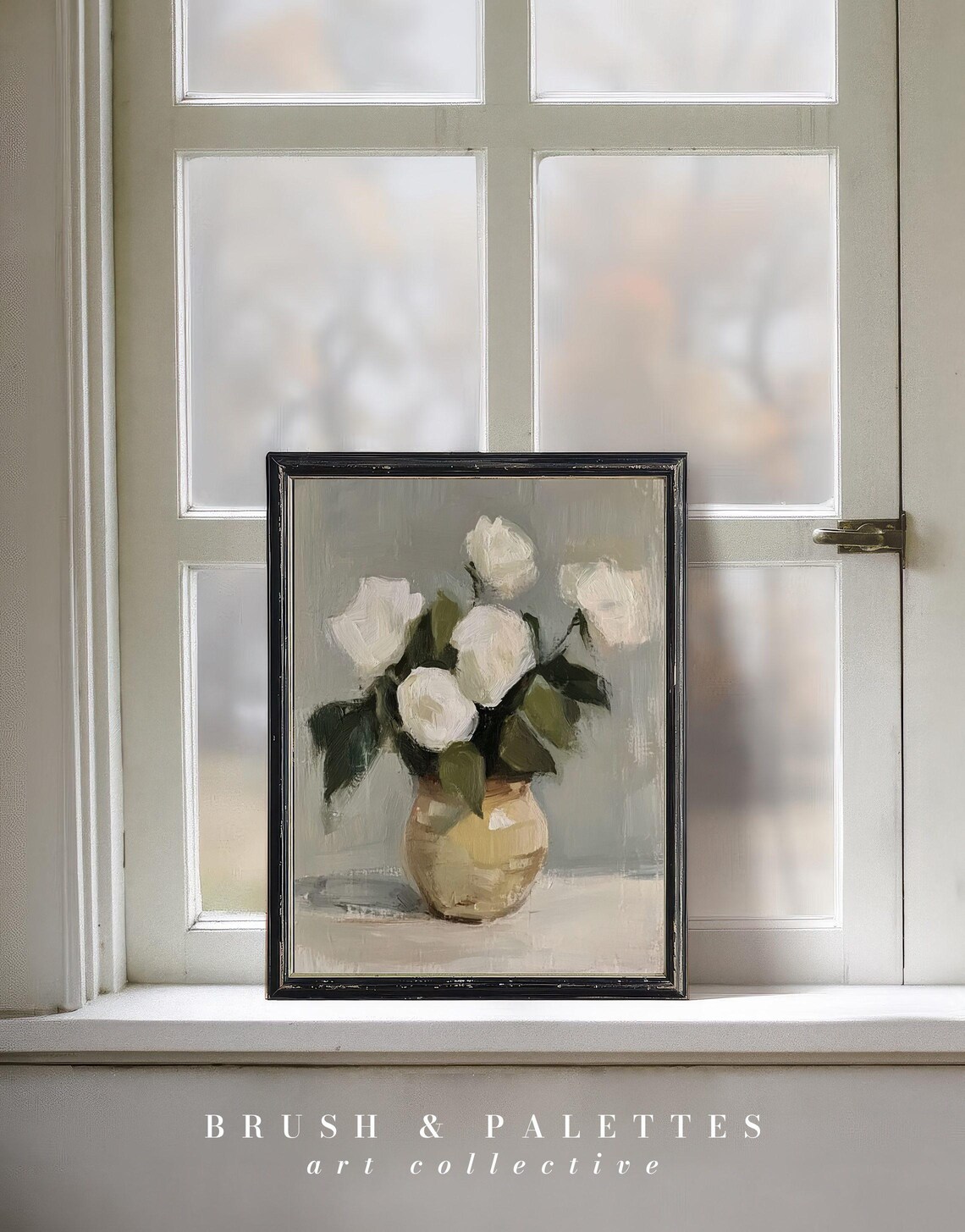 White Roses In Beige Vase Minimalist Still Life Floral Painting Poster - Image 2