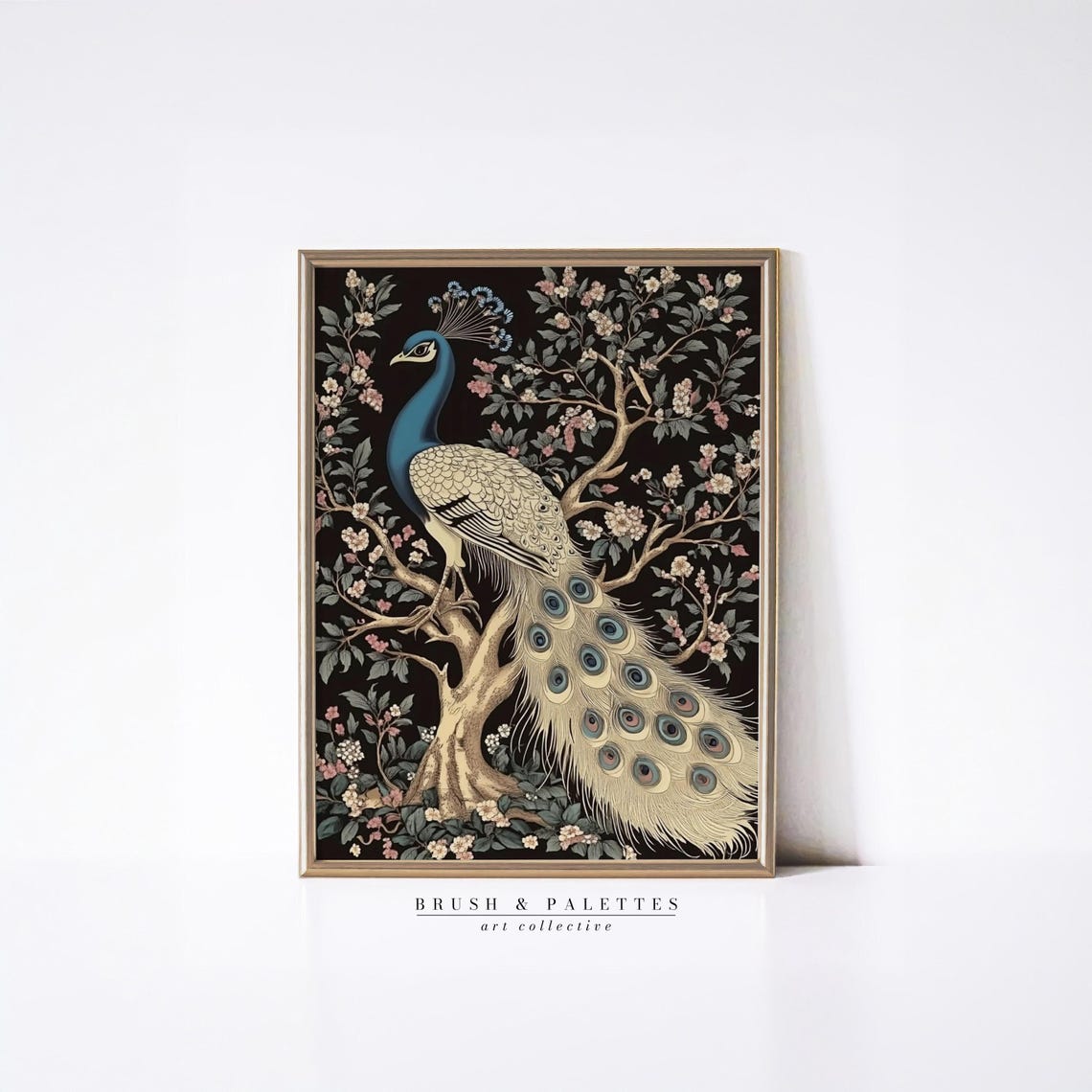 Peacock on Flowering Tree Dark Chinoiserie Style Bird Painting Poster - Image 3