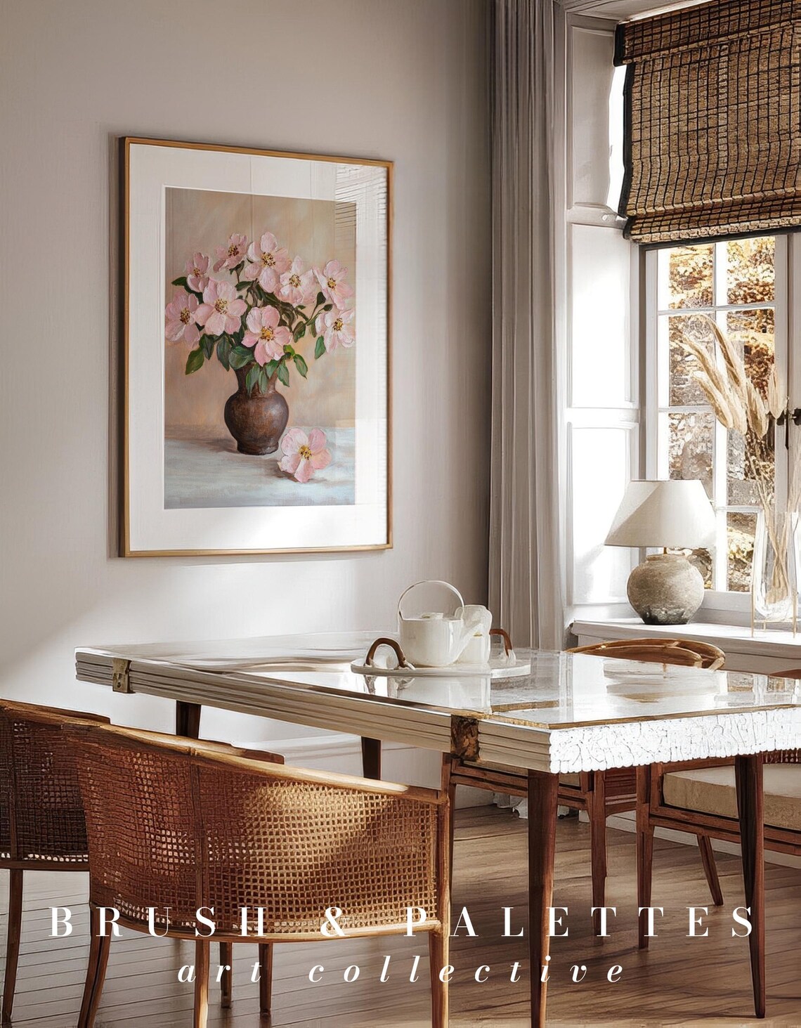 Pink Wild Roses In Brown Vase Vintage Floral Still Life Poster - Image 2