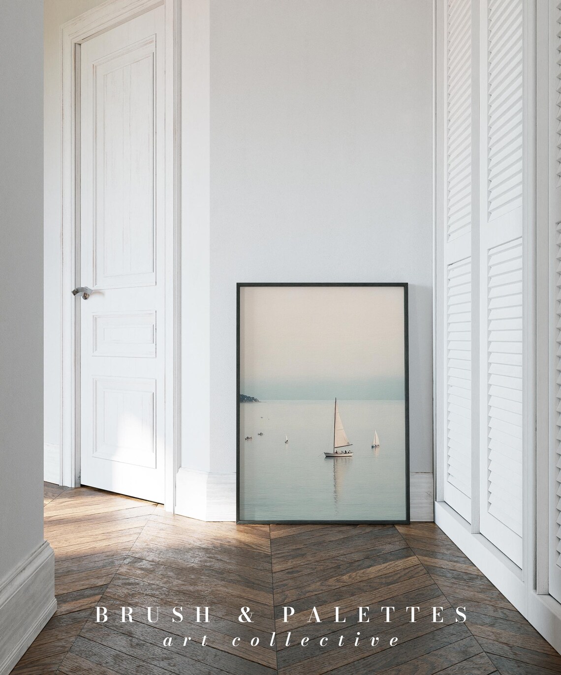 Sailboats on Calm Sea Minimalist Seascape Pastel Coastal Painting Poster - Image 2
