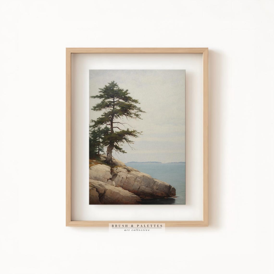 Tall Pine Tree On Rocky Ocean Coast Classic Landscape Painting Poster - Image 2