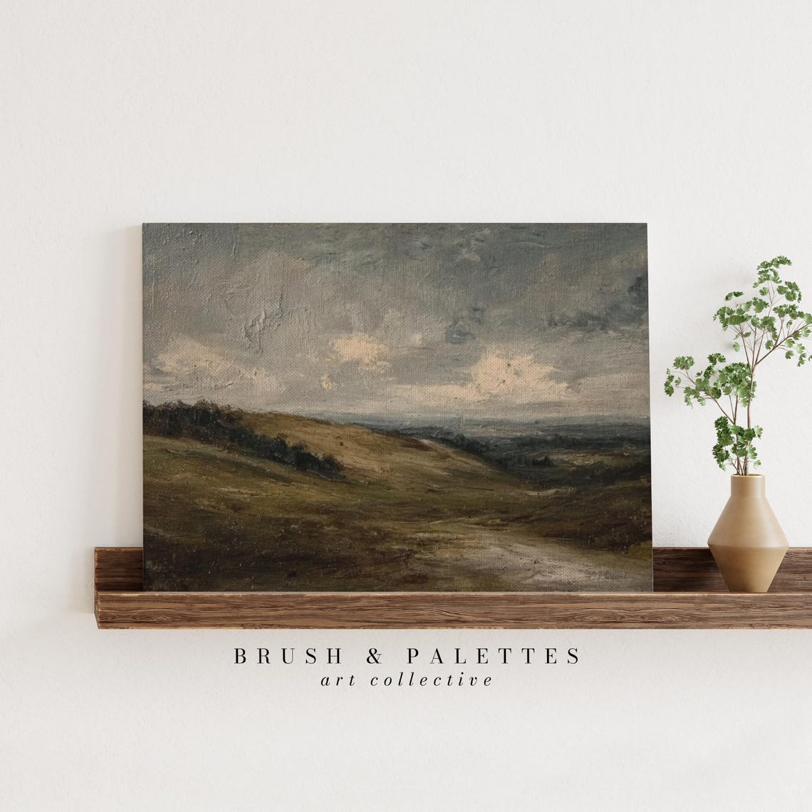 Dark Moody Rolling Hills Overcast Sky Vintage Oil Landscape Print - Image 2