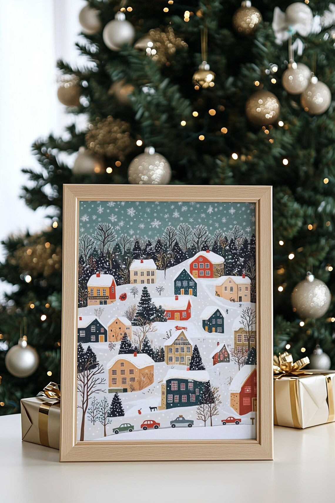 Snowy Village Winter Painting, Whimsical Holiday Town - Image 3