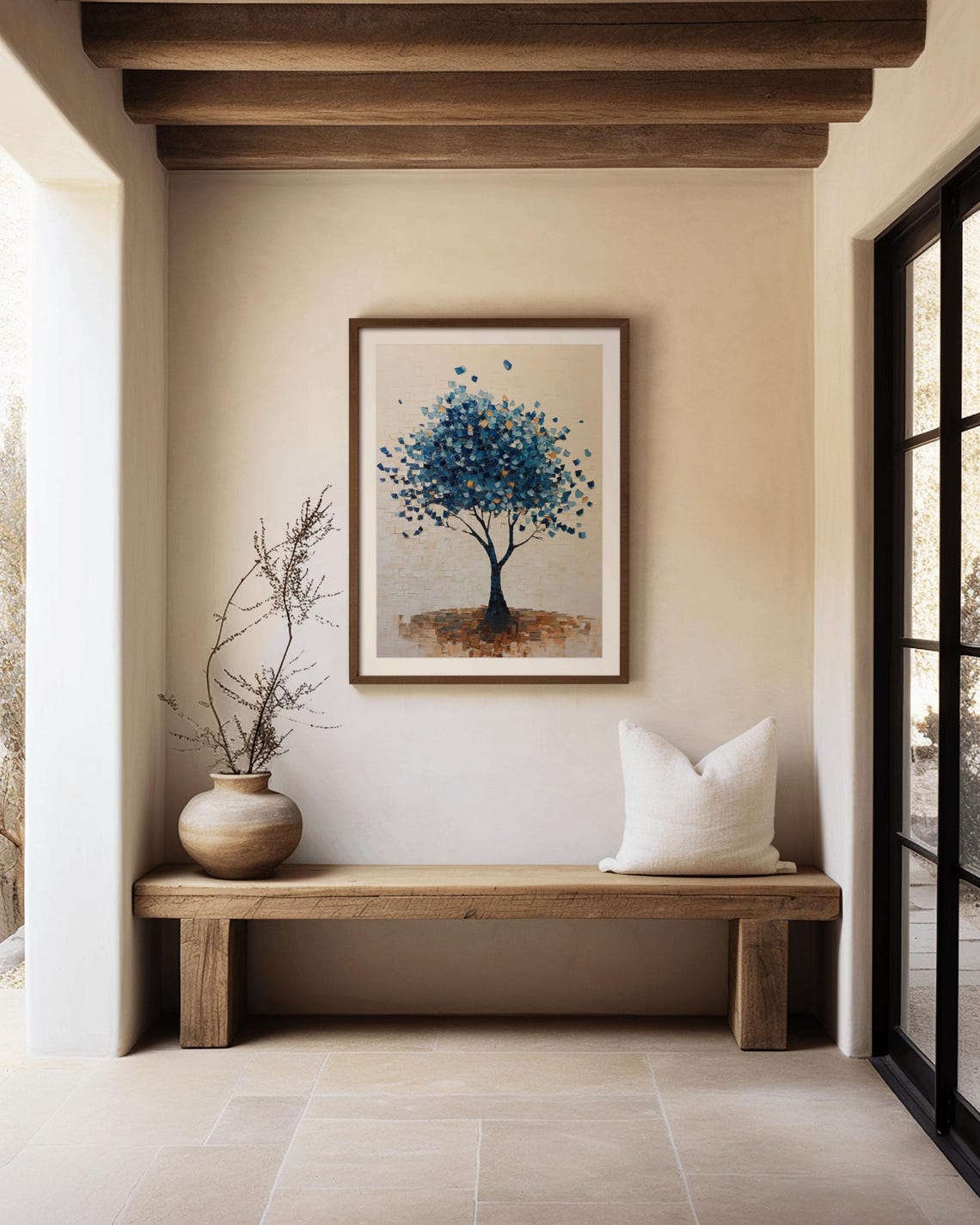 Blue Leaf Mosaic Tree Painting Modern Textured Botanical Poster - Image 2