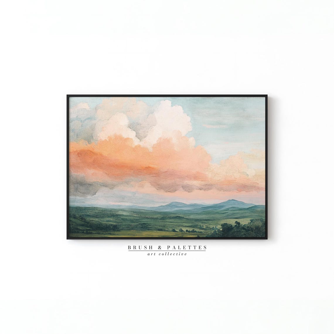 Peach Sunset Clouds Over Green Rolling Hills Landscape Print - Image 2