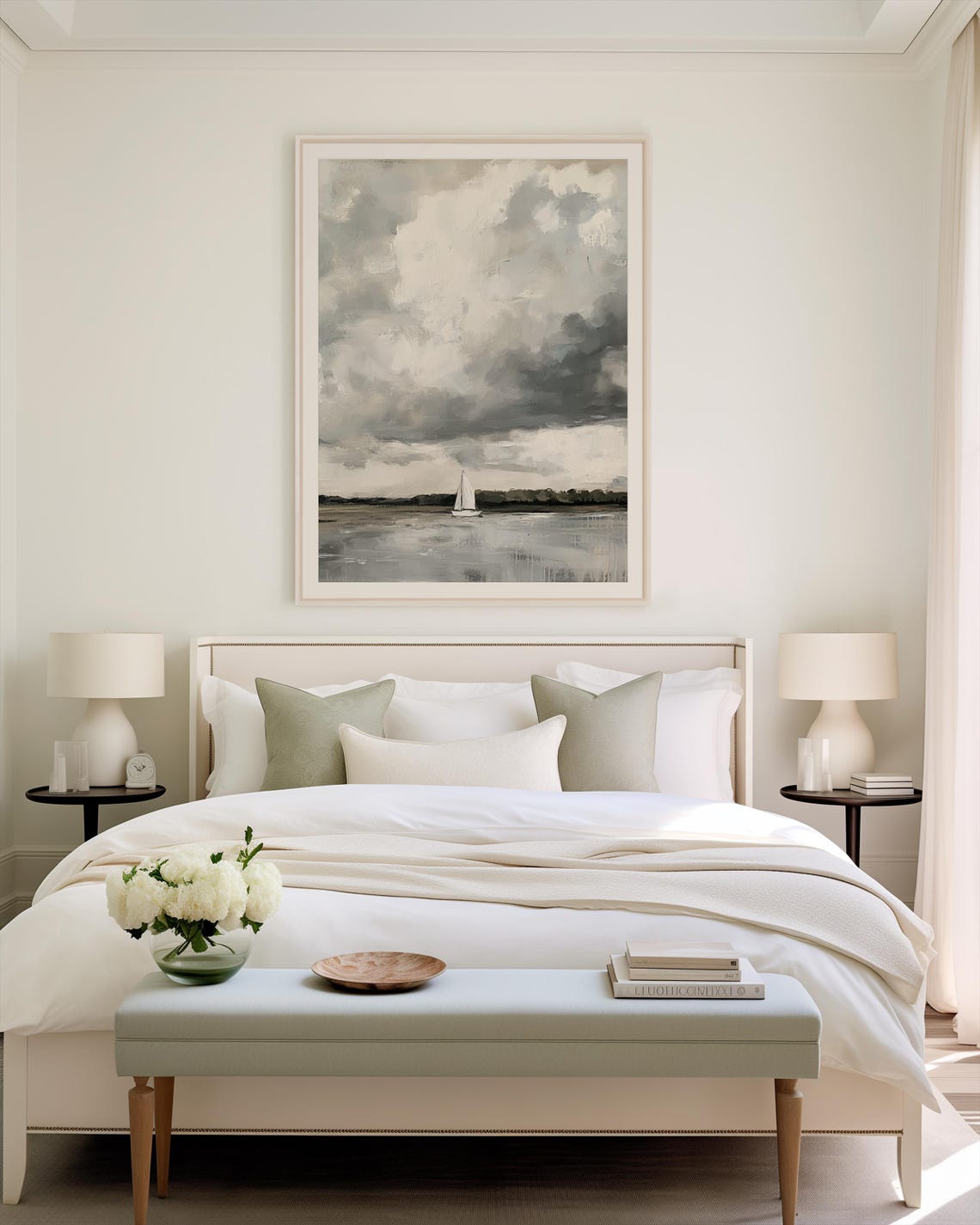 Lone Sailboat Under Stormy Sky Moody Gray Seascape Painting Poster - Image 3