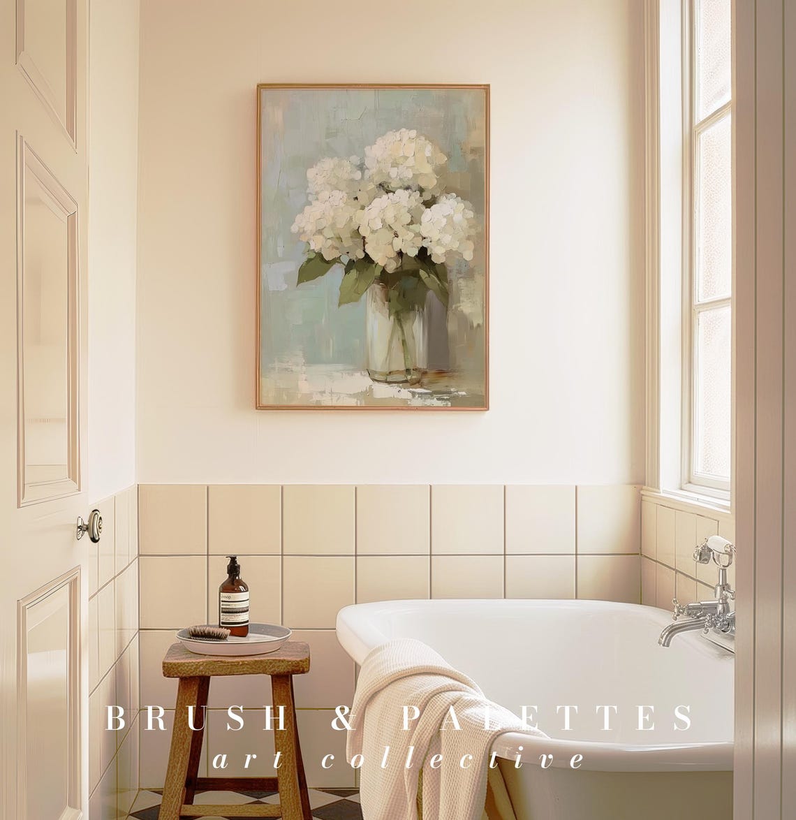 White Hydrangea In Glass Vase Soft Floral Still Life Painting Poster - Image 2