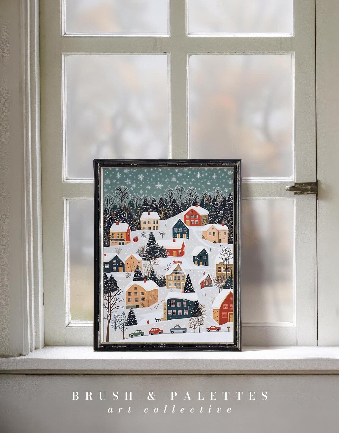 Snowy Village Winter Painting, Whimsical Holiday Town - Image 2