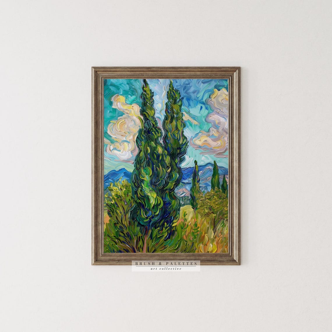 Cypress Trees Impasto Landscape Blue Sky Mountain View Poster - Image 2