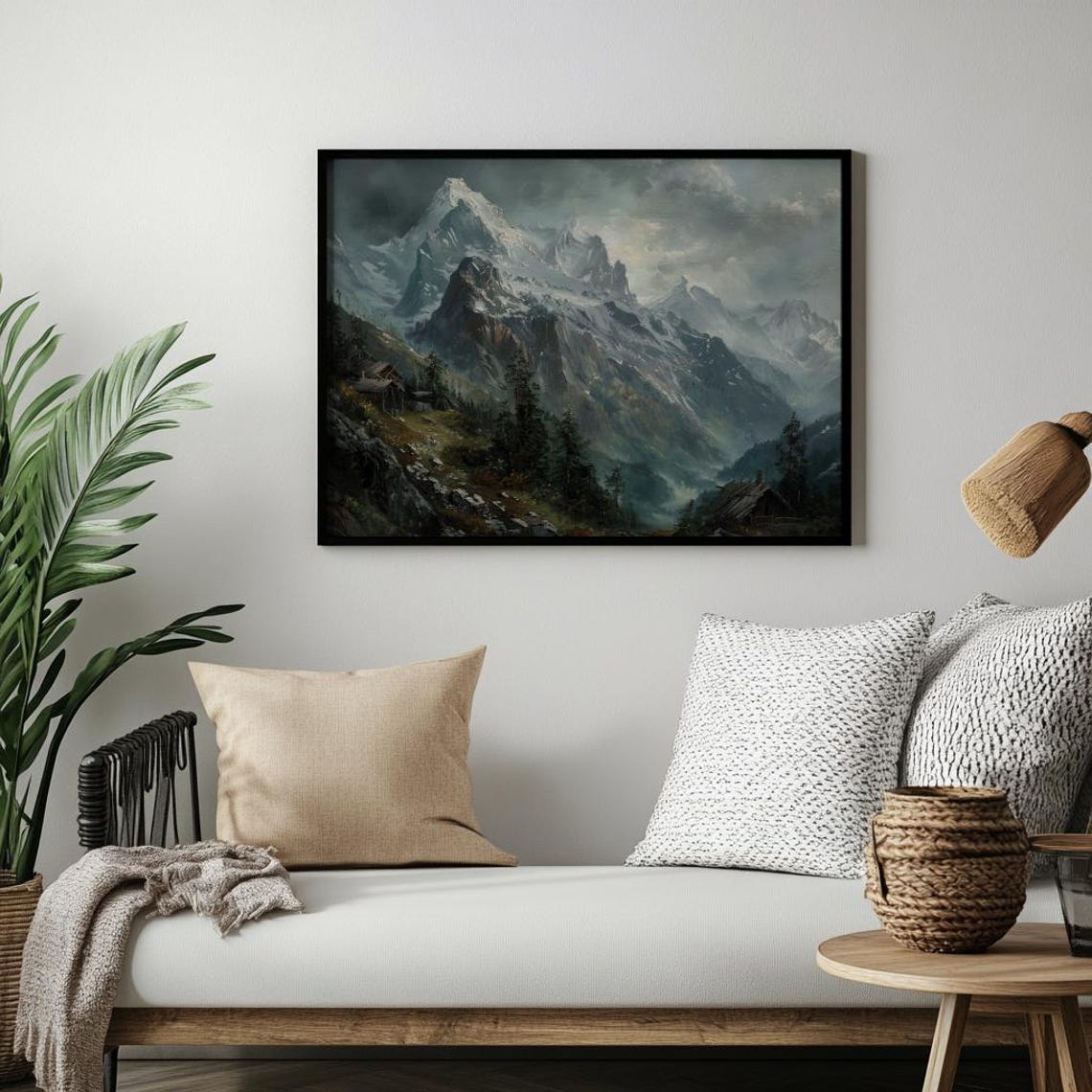 Snowy Alpine Mountain Peaks Painting Rustic Cabins Winter Wall Art - Image 2