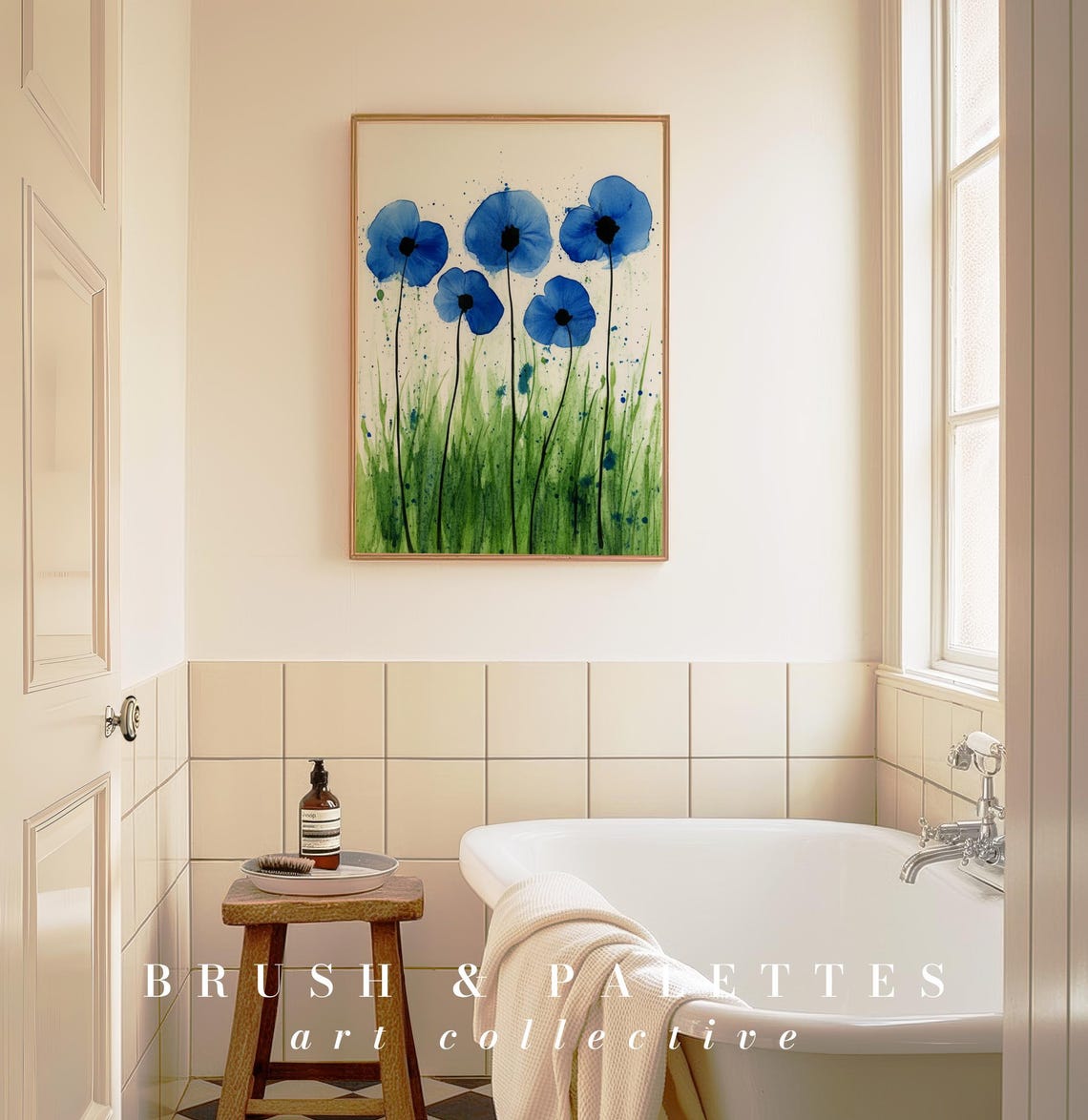 Blue Poppies Watercolor Meadow Green Grass Floral Art Poster - Image 2