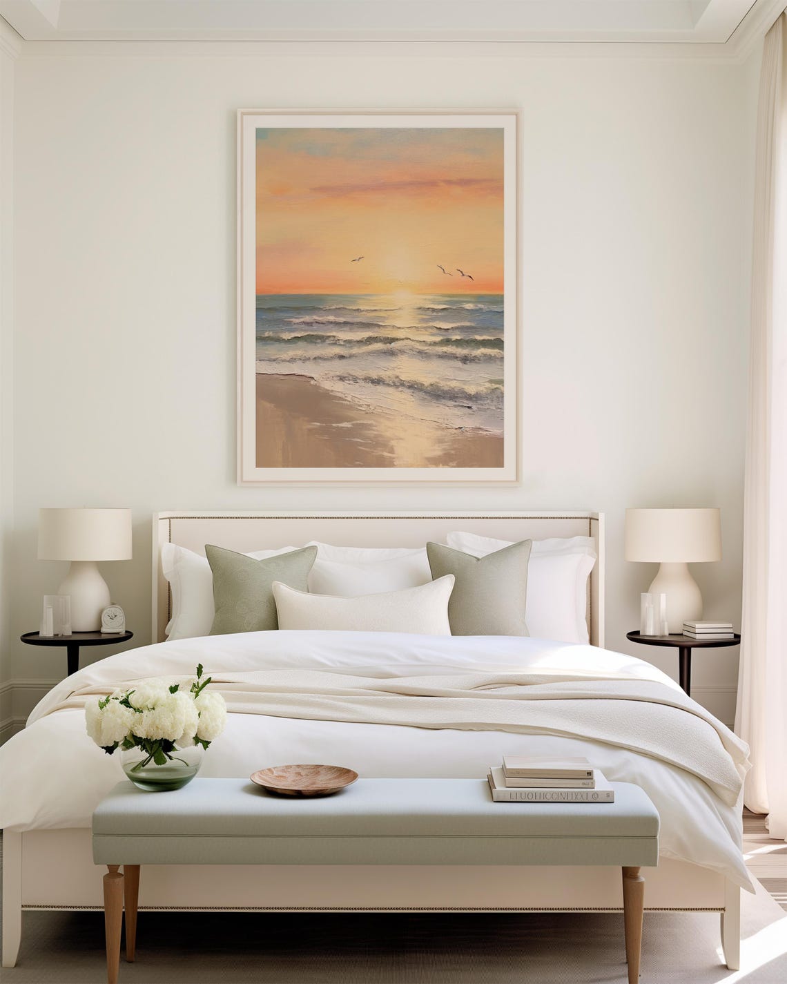 Pastel Beach Sunset With Ocean Waves And Seagulls Coastal Poster - Image 2