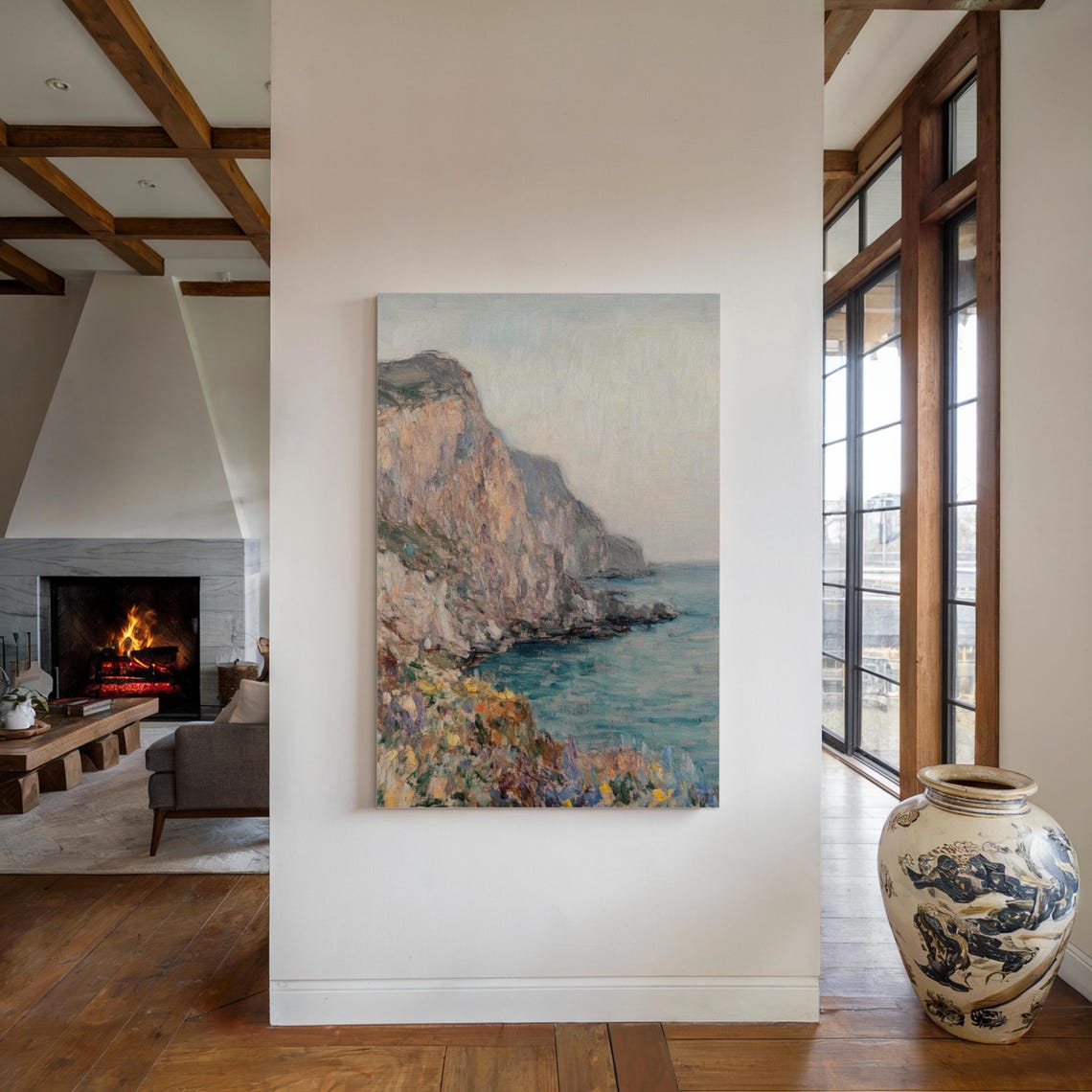 Rocky Coastal Cliffs Over Turquoise Sea Vintage Landscape Oil Poster - Image 2